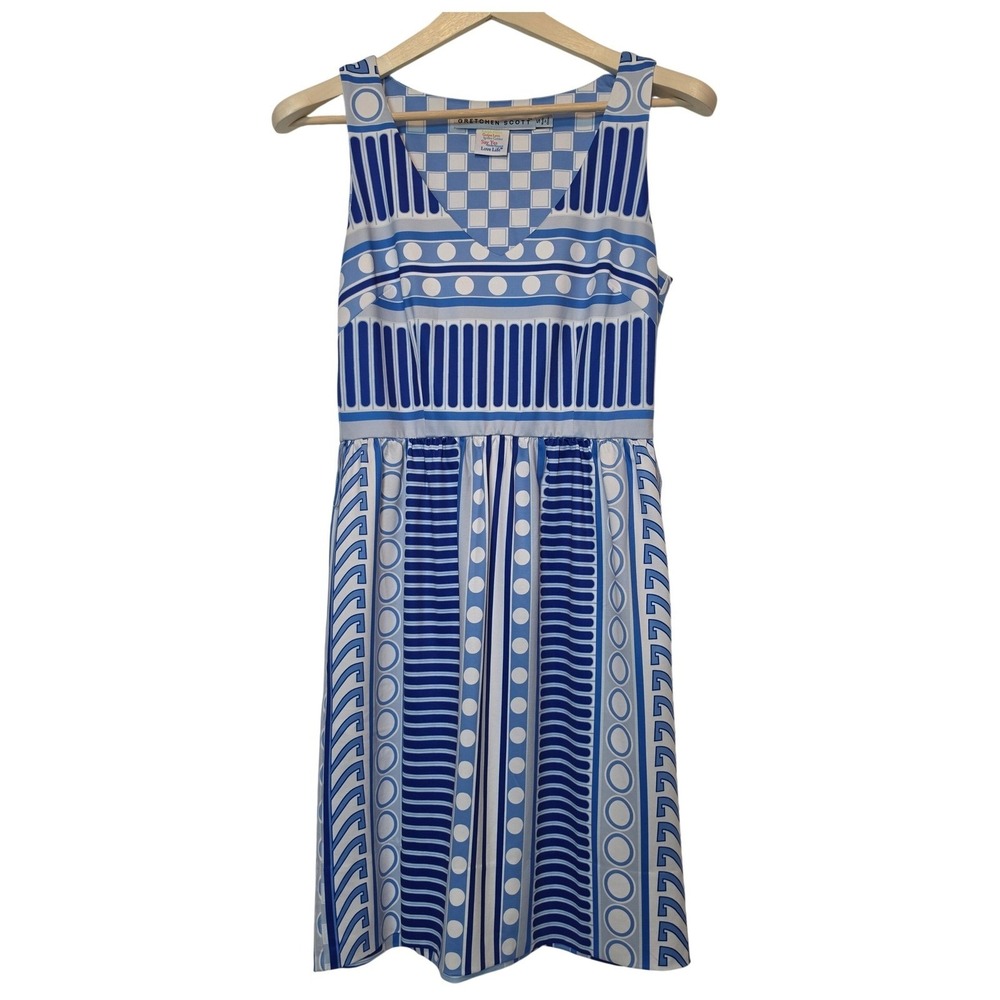 Gretchen Scott Geometric Print Sleeveless V-Neck Blue White Dress Size Small